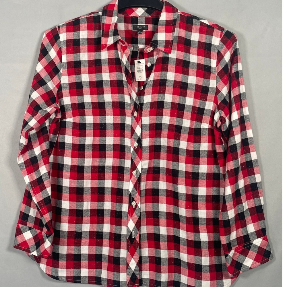 Talbots Petite Red Black White Plaid Metallic Button Down Shirt LP NWT 352820
